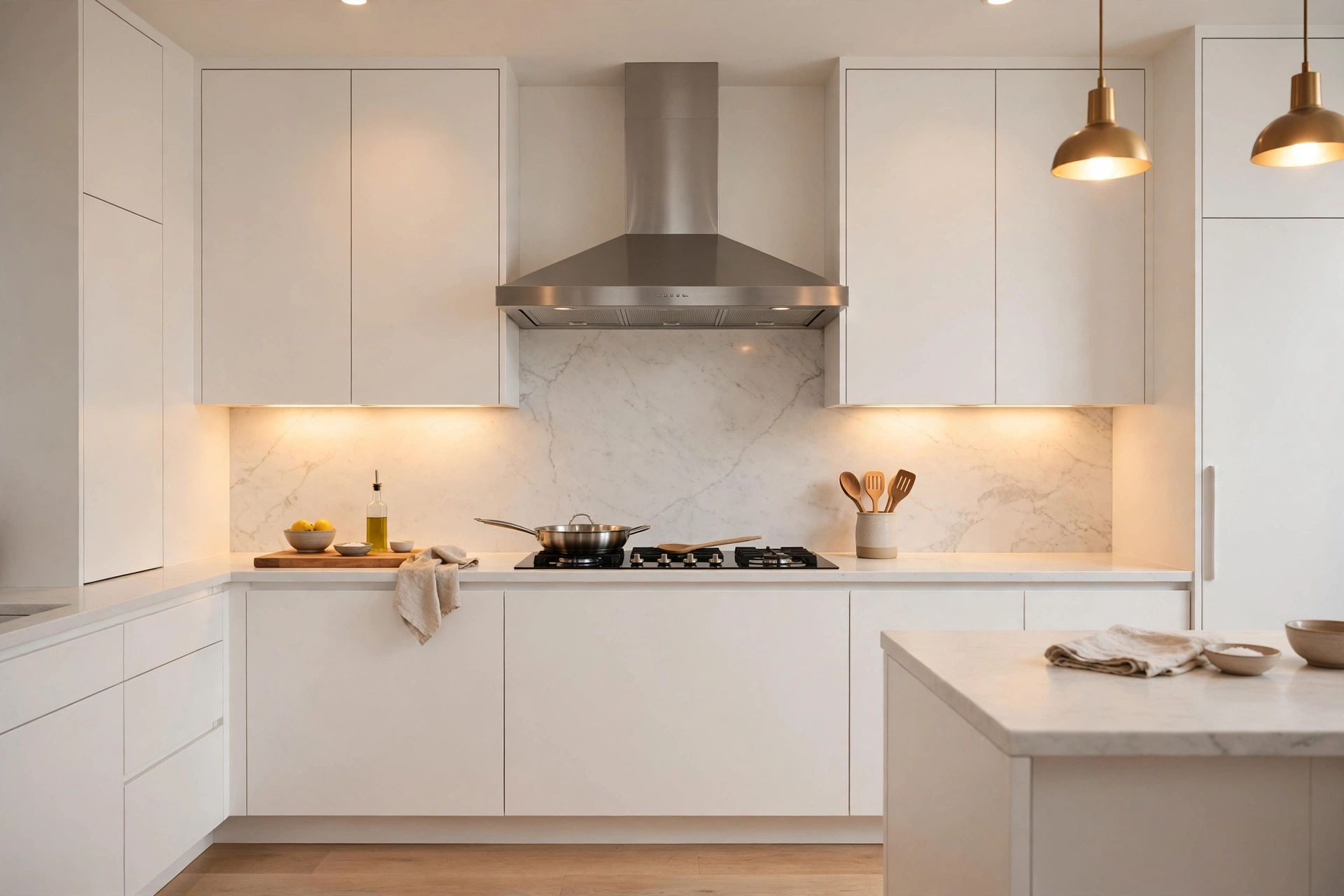Bright showroom style kitchen with a range hood installed above the cooktop
