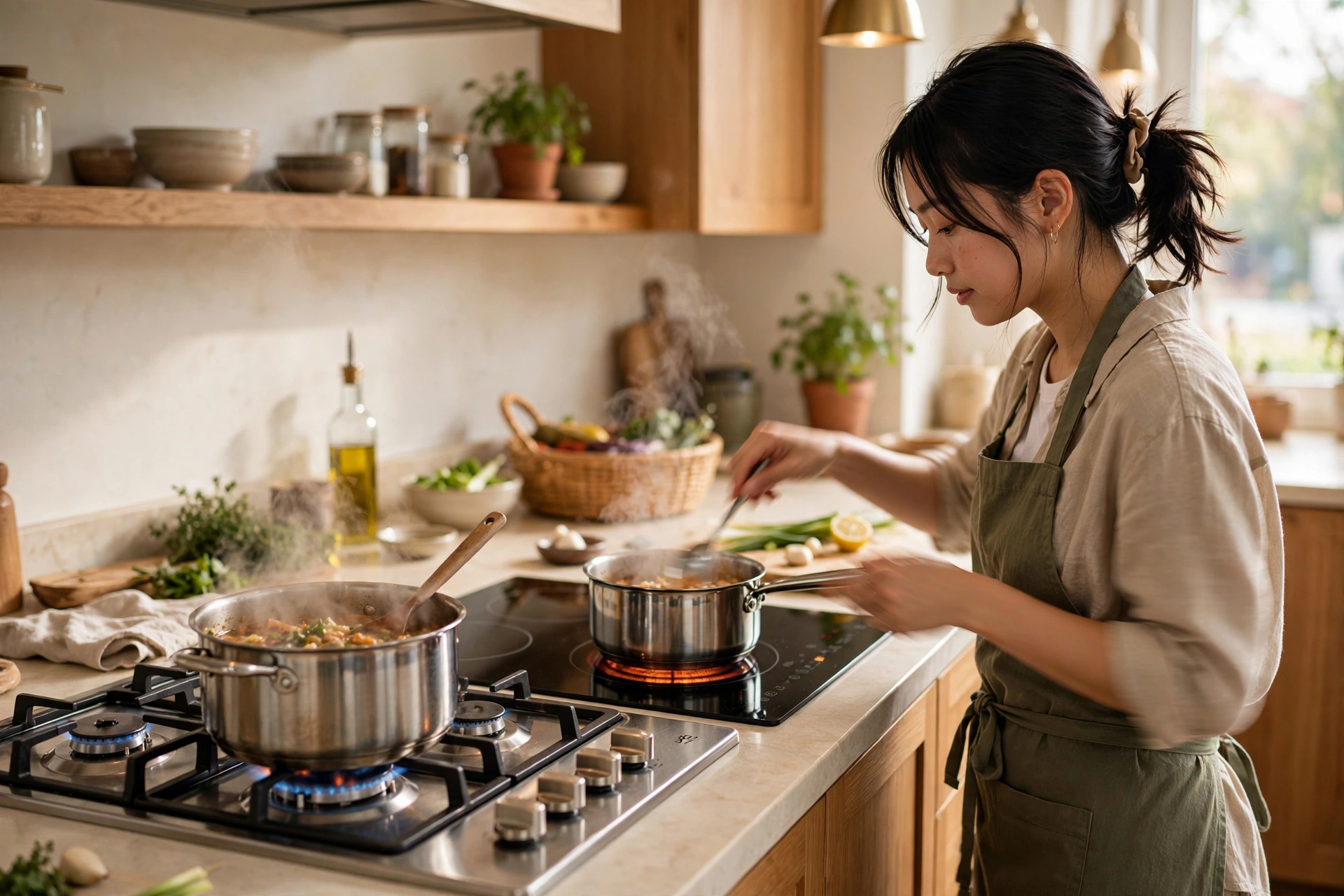 Vermont gas and Maine electric cooktops installed side by side for cooking