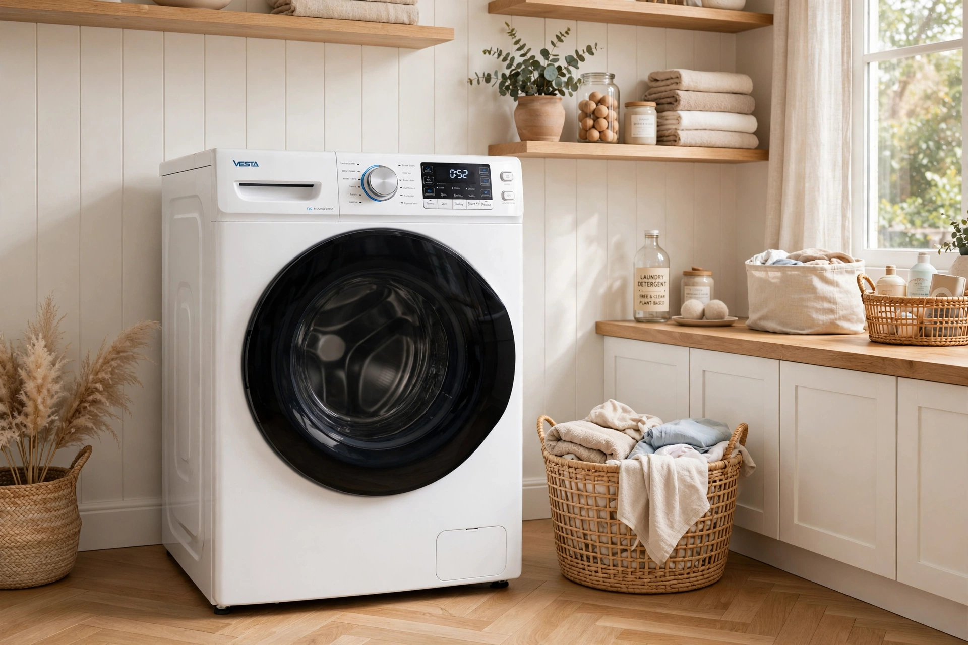 Vesta front load washer in a bright, staged laundry room